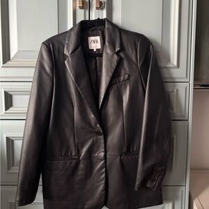 Zara Black Faux Leather Single-Button Blazer
